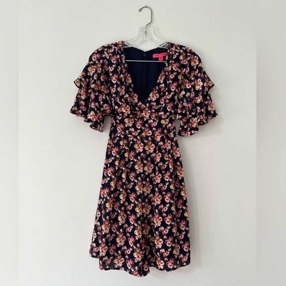 Betsey Johnson Navy Blue Floral Rose Flowy Spring Short Sleeve Romper size 2 - Picture 1 of 11